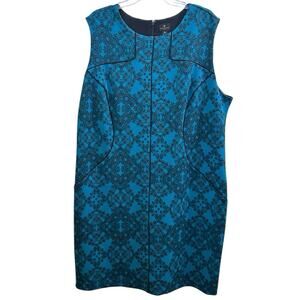 Worthington 2X Pencil Dress Teal Sleeveless Professional Lace Print Midi !